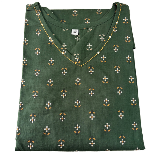 Women's Cotton Short Kurti | Small bhuttas in bottle green