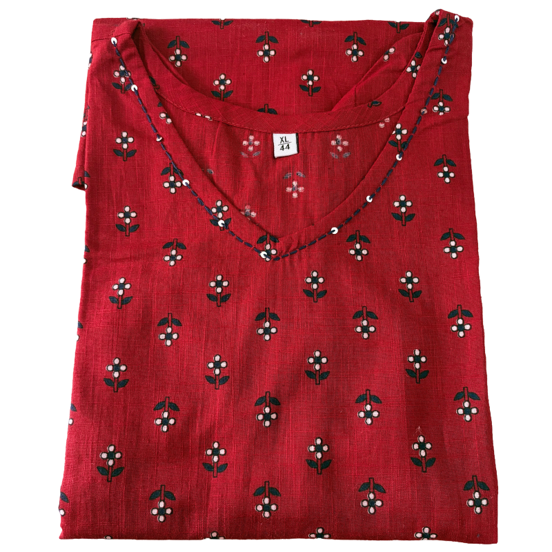 Women's Cotton Short Kurti | Small bhutta in red maroon