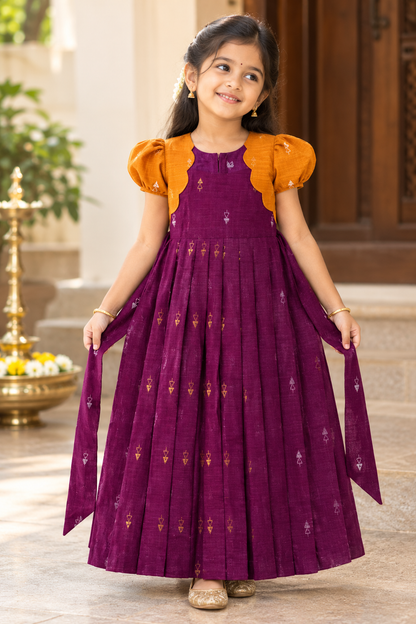 Girls Ethnic Raw silk Frock | Majenta with Mustard