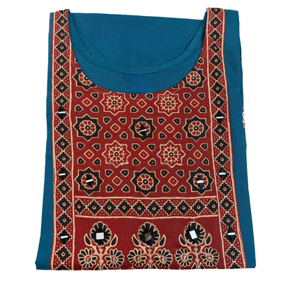 Women's Dabu Cotton Short Kurti | Peacock Blue star short top