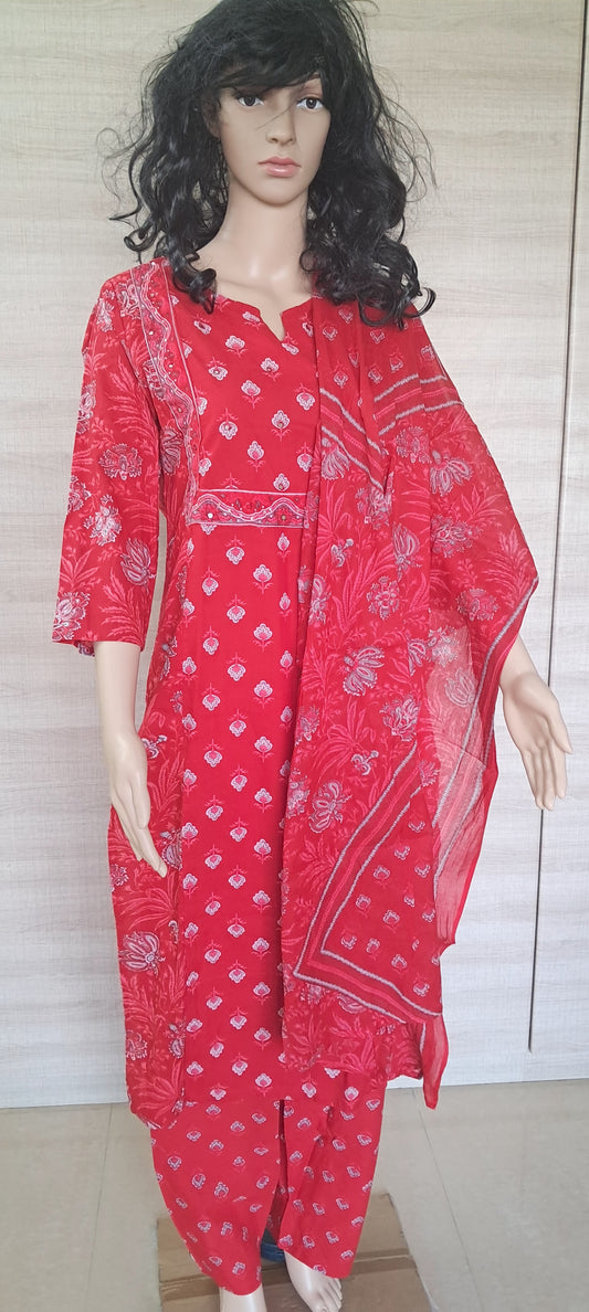 Women kurti with pant and dupatta | Straight cut | Tomato red small bhutta set