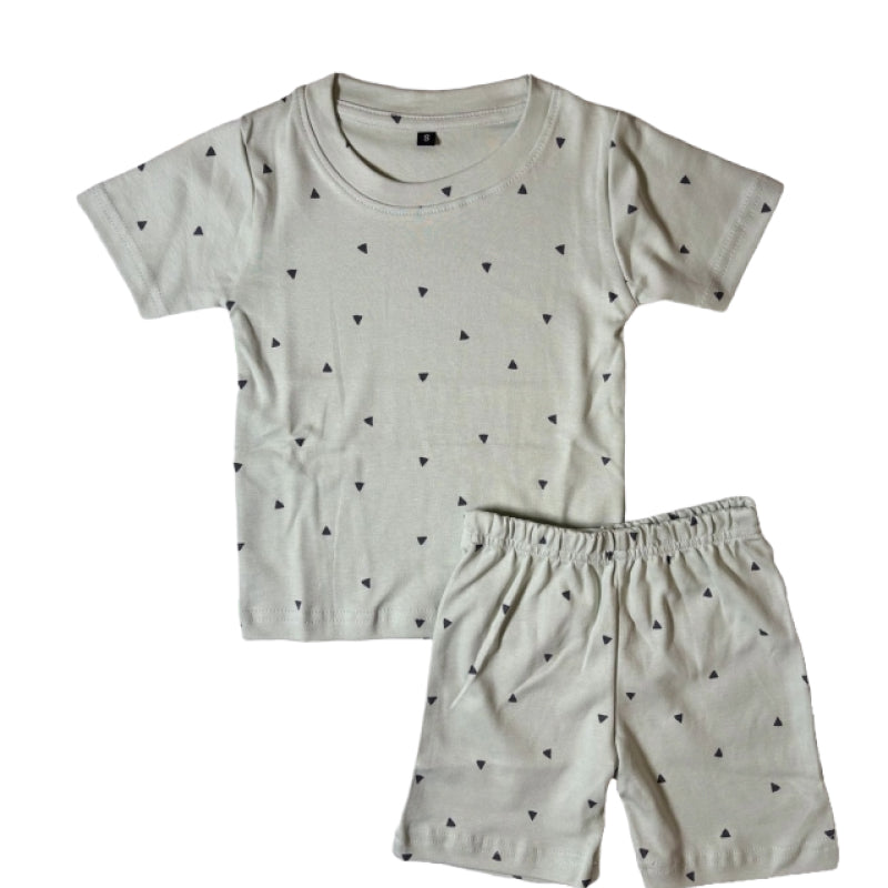 T-shirt with shorts co-ord sets| Interlock Fabric | COORDSET| BSS| Off white in triangle print