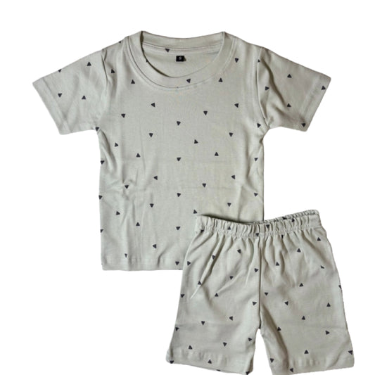 T-shirt with shorts co-ord sets| Interlock Fabric | COORDSET| BSS| Off white in triangle print