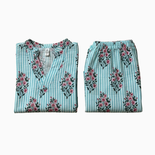 Women short kurti with pant | Apple cut | Turquoise blue Co-ord night suit