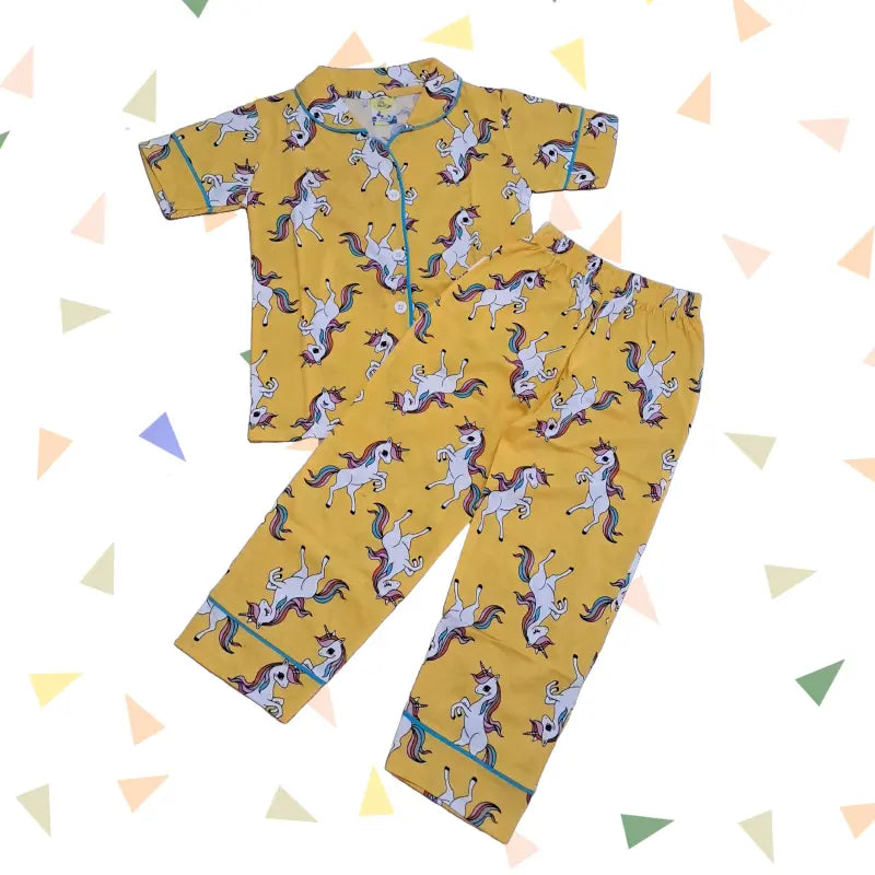 Kids Night Pant Set | Yellow unicorn