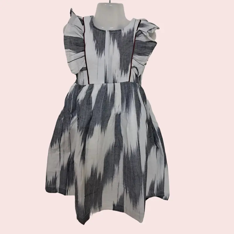 Cotton Ikkat Frocks | White with grey and maroon piping
