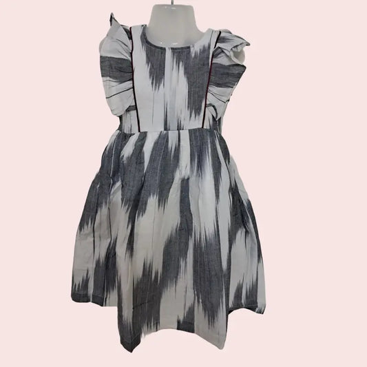Cotton Ikkat Frocks | White with grey and maroon piping