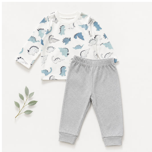 Baby Pant Set | White Dino with grey pant