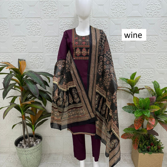 Women kurti with pant and dupatta |  Rich Wine print sets | DABUSET
