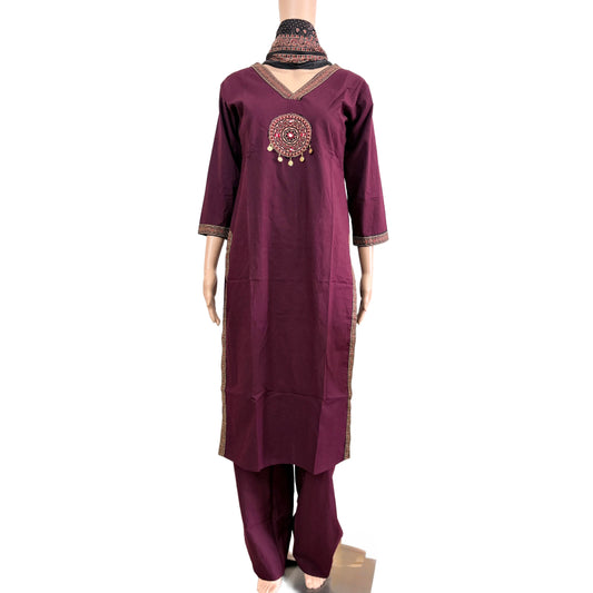 Women kurti with pant and dupatta | Wine V neck sets | Dabuset