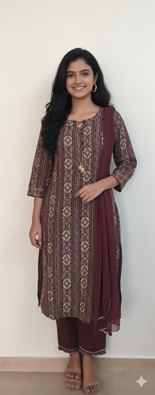 Women kurti with pant and dupatta | Straight cut | Wine color with sequence and hanging tassels
