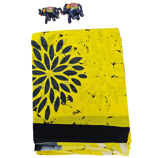 Mul Mul Cotton Saree | Yellow Black flowers