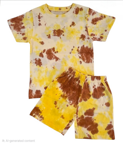 Premium| T-shirt with Shorts sets| tiedyeset | BSET |Yellow with Brown mixed print (Copy)