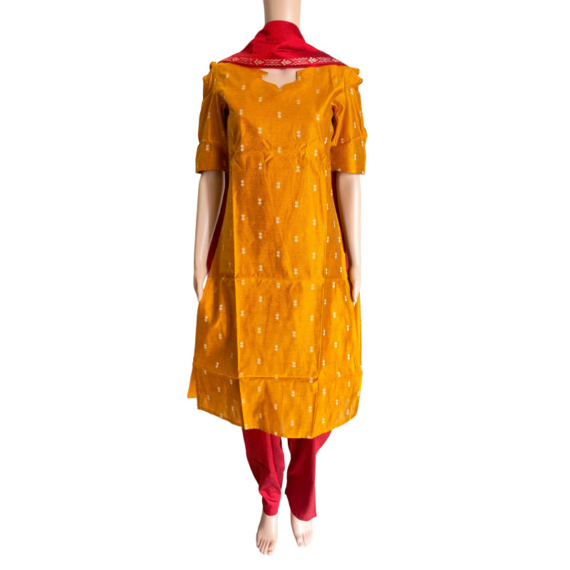Women kurti with pant and dupatta | Straight cut Mustard with red (Neck pattern 1) l silkcotton