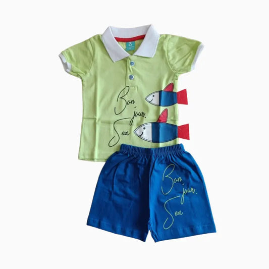 Kids collar T-shirt with shorts sets | Green Bon Jour Sea (fish)