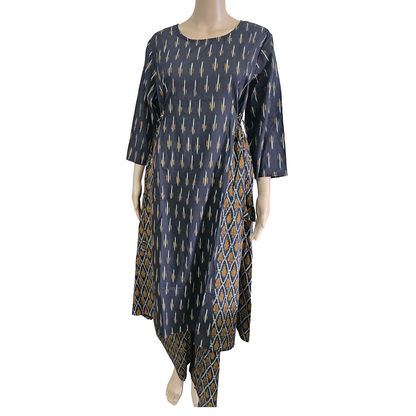 Women kurti with pant | Cotton Dual print Frill Kurti Palazzo set | Black Ikkat | FRILLKURTI