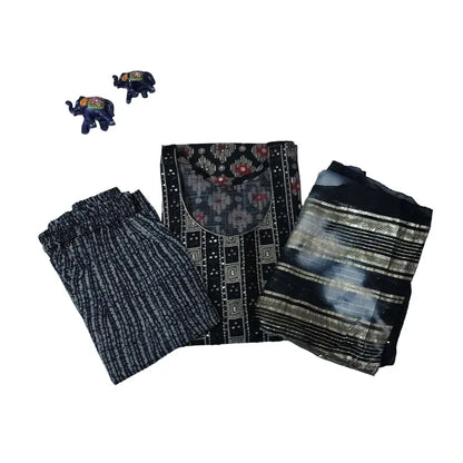 Women kurti with pant and dupatta | Cotton Rayon mixed Black geometrical patterns