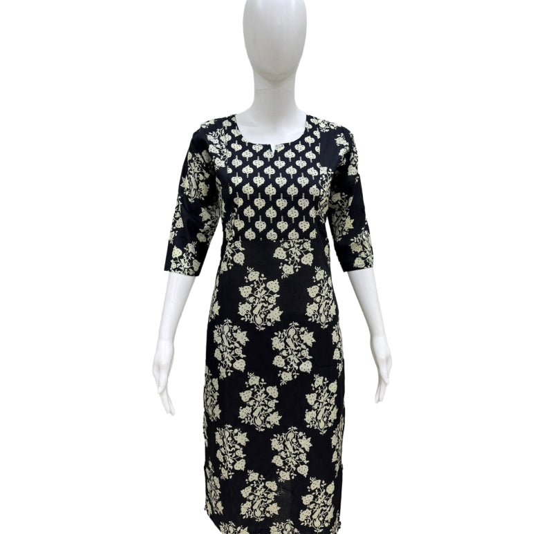 Women Kurti | Straight cut | Black with foral print
