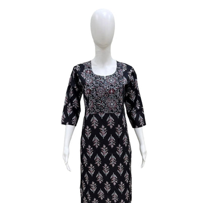 Women Kurti | Straight cut | Black with floral flower design