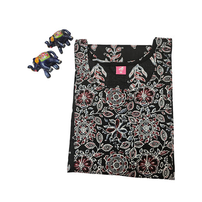Women Kurti | Straight cut | Black with floral flower design