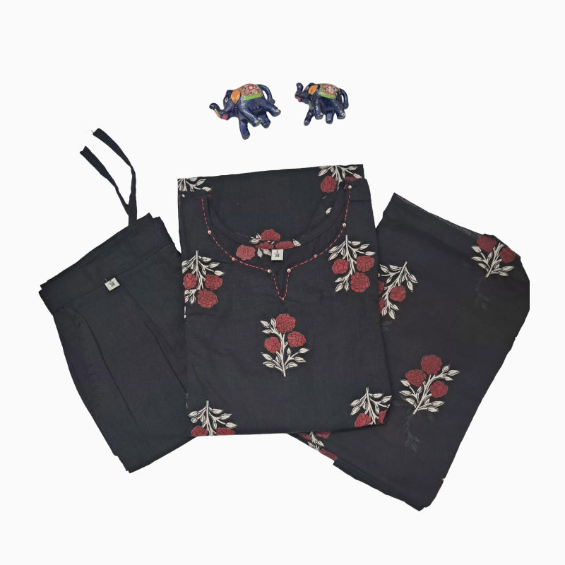 Women kurti with pant and dupatta | Aline with princess cut | Black with red mini floral print