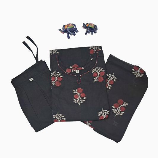 Women kurti with pant and dupatta | Aline with princess cut | Black with red mini floral print