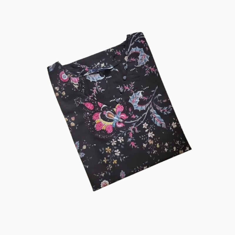 Women Kurti | Straight cut | Black with light pink flowers print