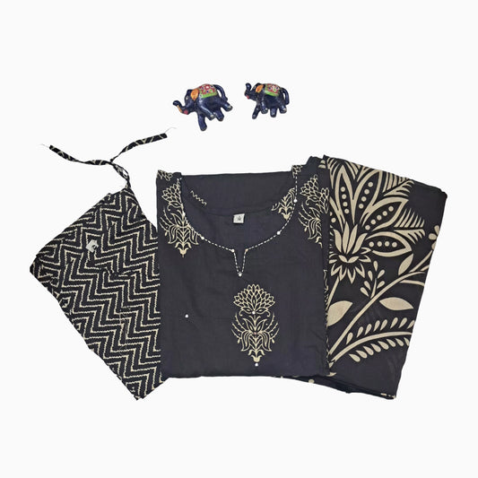 Women kurti with pant and dupatta | Straight cut | Black with sandal floral print