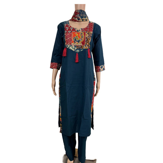 Women mirror and patch work kurti with palazzo pant and dupatta | Peacock Blue color 3 piece sets | Dabuset