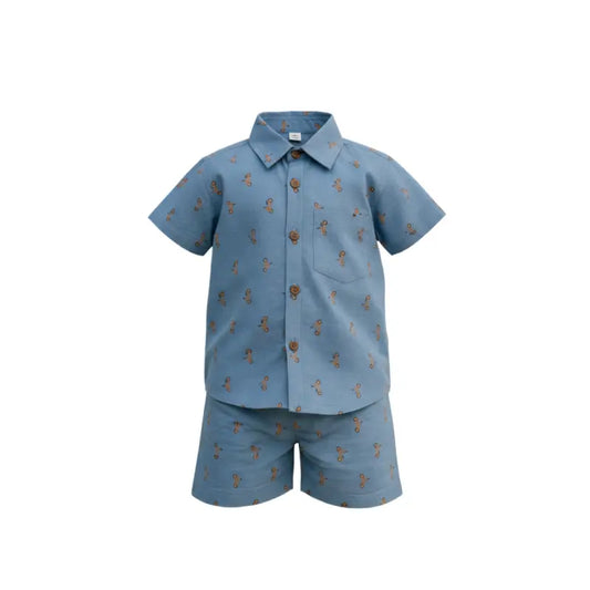 Woven shirt with shorts set|  blue bike print