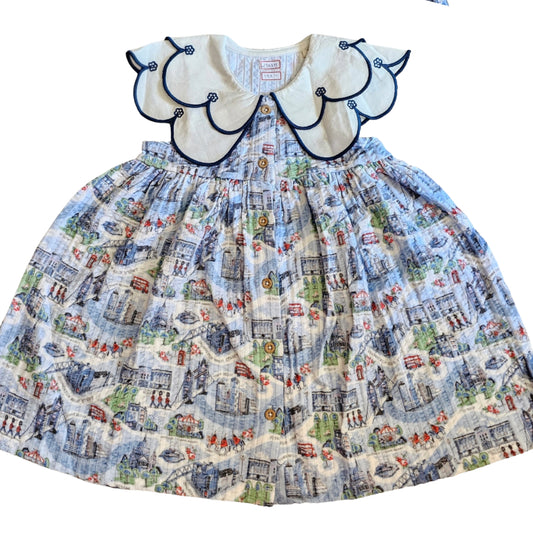 Girls Designer Frocks | White with Blue all over print and flower collar