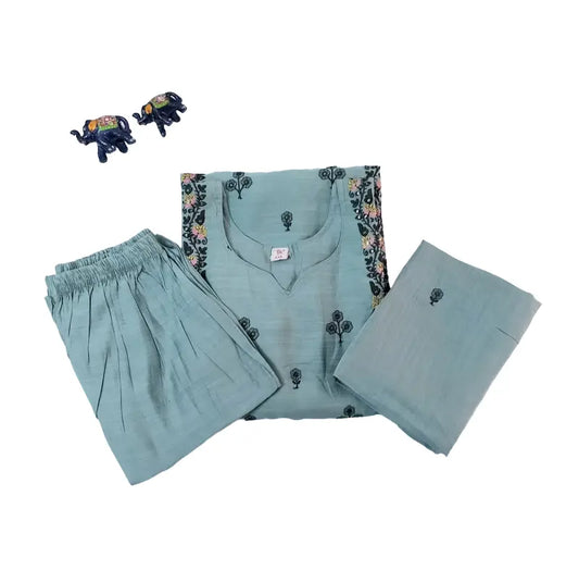 Women kurti with pant and dupatta | Greenish grey with embroidery | Top with lining