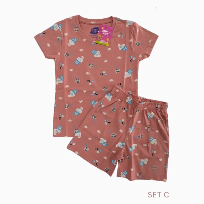 Girls Premium Shorts Set | Peach candy print