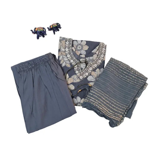 Women kurti with pant and dupatta | Straight cut | Elephant grey with big floral print