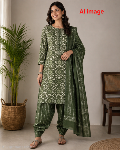 Women kurti with pant and Dupatta | Straight cut | Seaweed green sets