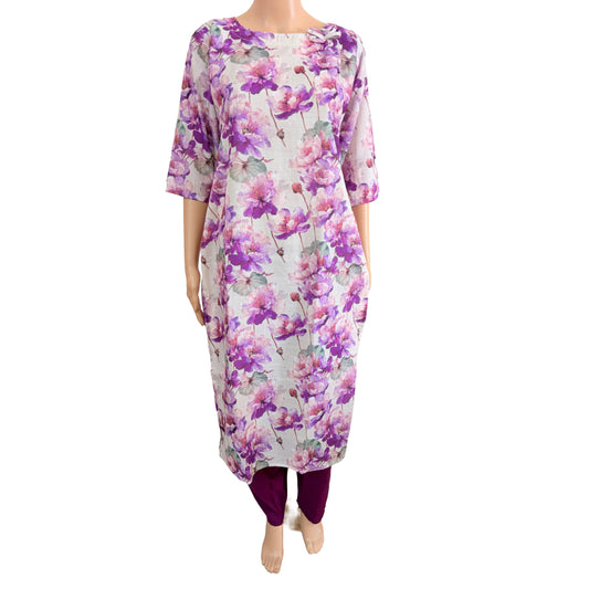 Women kurti with pant | Linen Cotton with lining | Purple florals