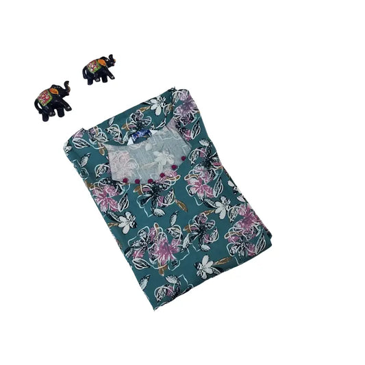 Women Kurti | Straight cut | Bluish green base with florals and majenta potli around neck