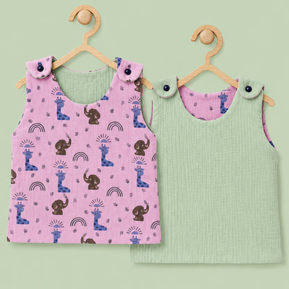 Baby Muslin reversible Shirt |  Button Jabla | Pink Animal print & Light Pista green
