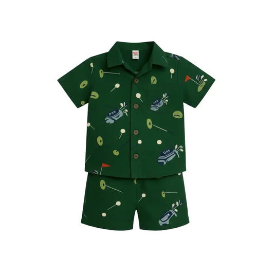 Woven shirt with shorts set| Dark green dad print