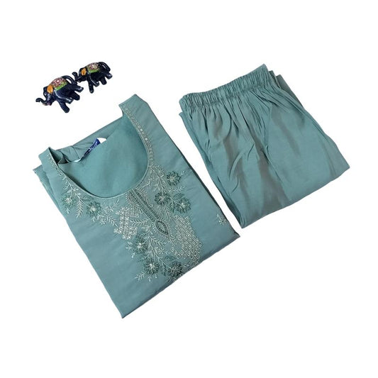 Women kurti with pant | Light pista green with beautiful thread/zari embroidery in yoke