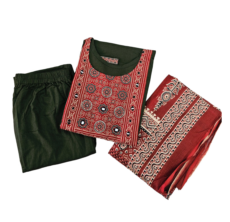 Women kurti with pant and dupatta |  Mehandi Green small circle print sets | DABUSET