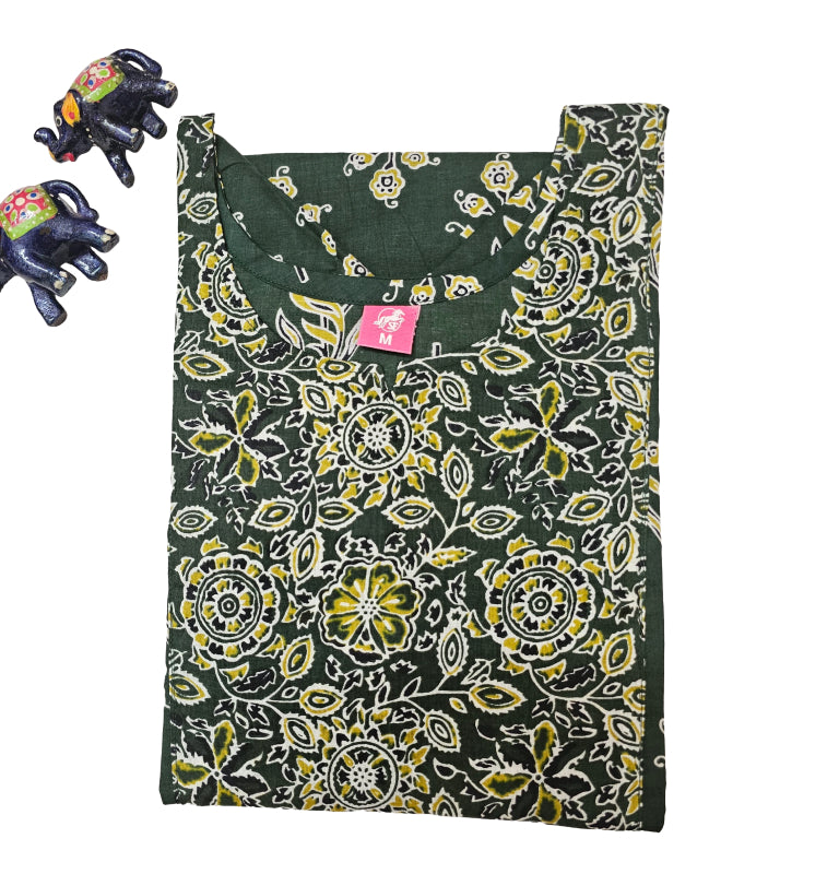 Women Kurti | Straight cut | Green with Floral print