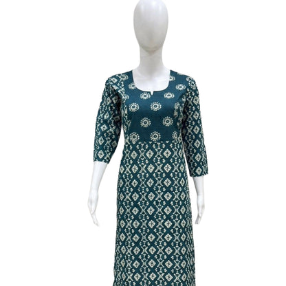 Women Kurti | Straight cut | Bottle Green Rangoli Design