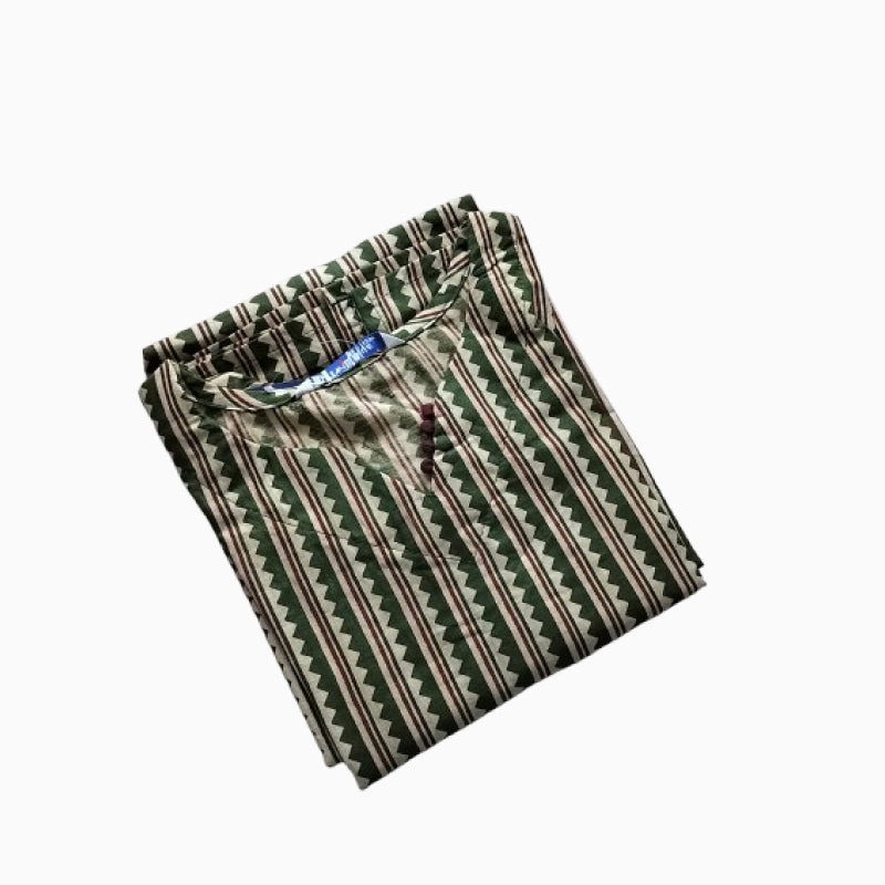 Women Kurti | Straight cut |  Green  stripes with weavy line print