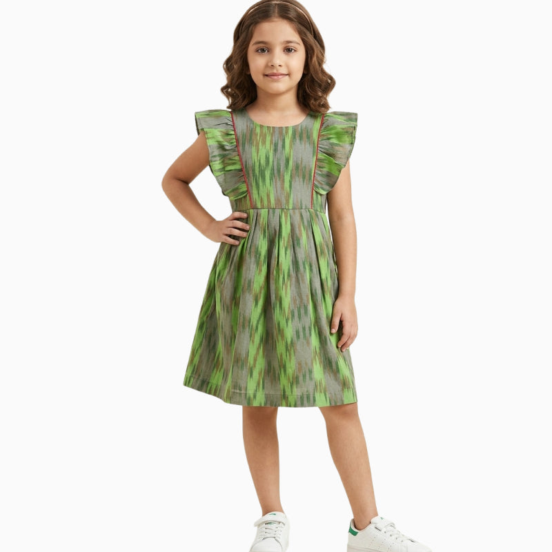 Cotton Ikkat Frocks | Light green with mustard/grey lines and red piping