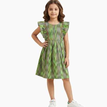 Cotton Ikkat Frocks | Light green with mustard/grey lines and red piping