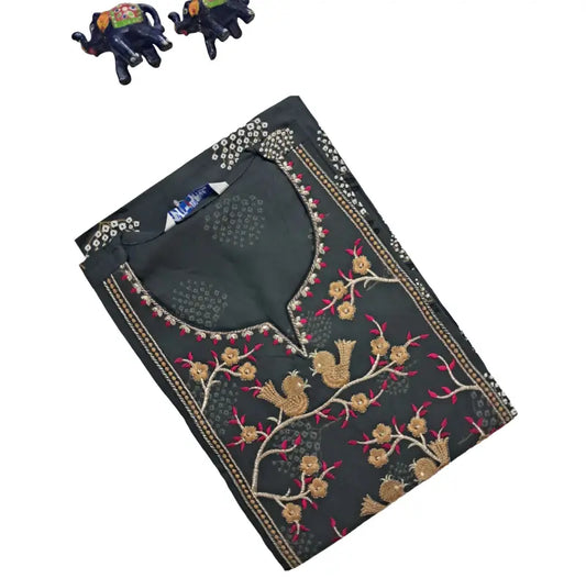 Women Kurti | Straight cut | Grey printed rayon kurti with embroidery neck | only kurti