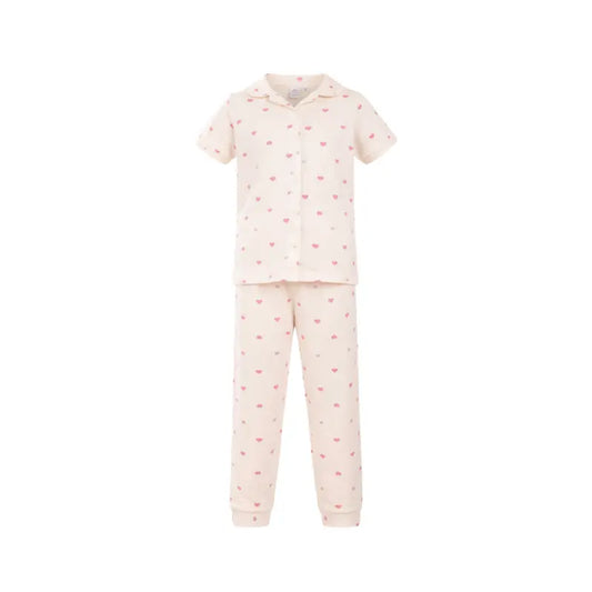 Kids Night Pant Set | Cream with pink heart print