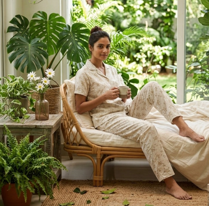 Women Collared Co-ord  shirt Pant set | Mustard bloom with oatmeal color