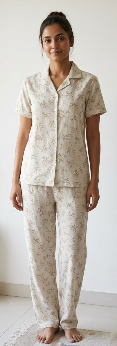 Women Collared Co-ord  shirt Pant set | Mustard bloom with oatmeal color